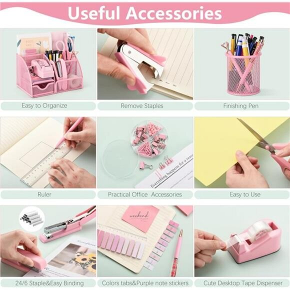 Pink office supplies set desk organizer stapler tape dispenser clips scissors - Picture 4 of 8